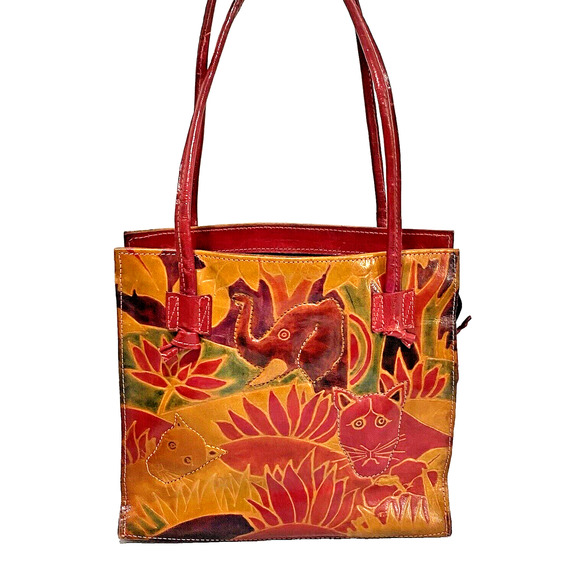Vintage Handbags - Vintage Hand Painted & Tooled Leather Two Handle Tote Bag Purse Elephant Animals